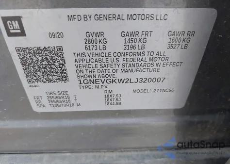 2020 Chevrolet Traverse Awd Lt Cloth z USA, uszkodzony, nr VIN 1GNEVGKW2LJ320007